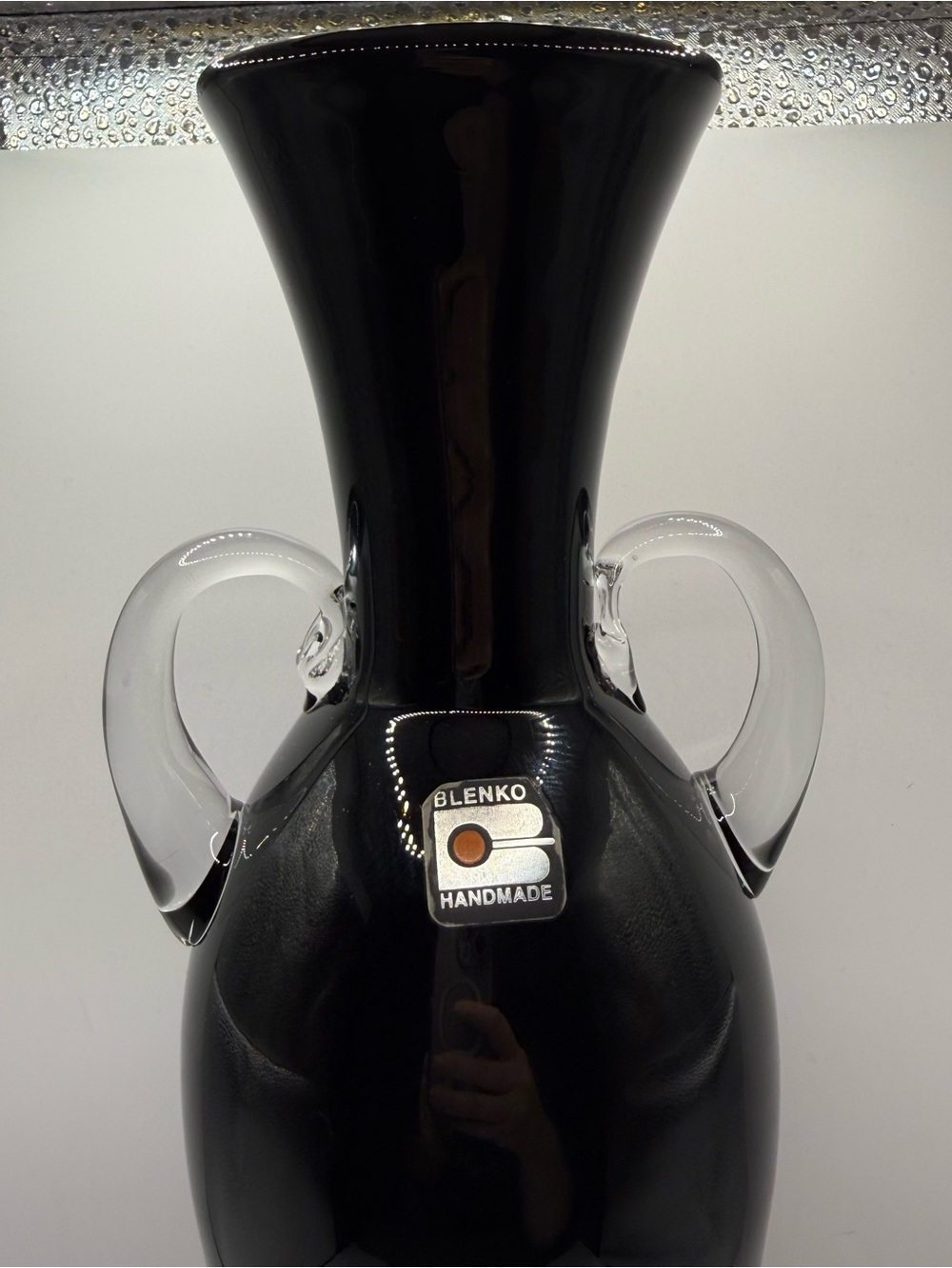 Blenko Urn Black Handblown Glass Vase with Clear Handles - Picture 3 of 16